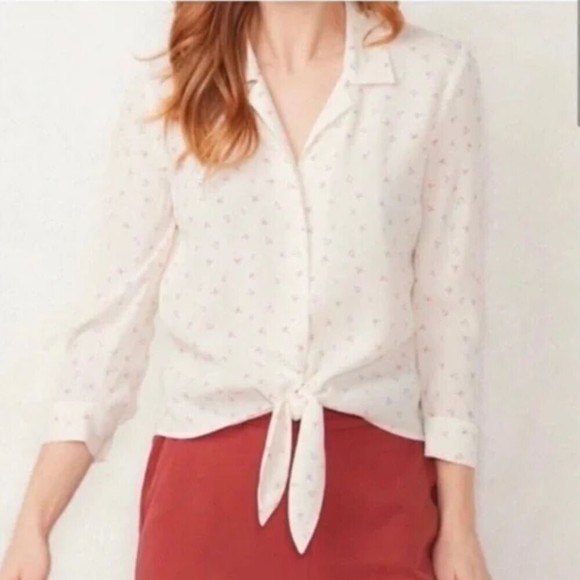 LC LAUREN CONRAD White & Pink Hi low Tie Front Blouse Top HEARTS Size Large - Picture 1 of 7